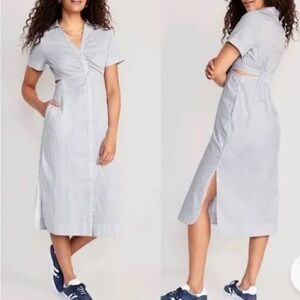 Old Navy Light Blue & White Striped Midi Shirt Dress